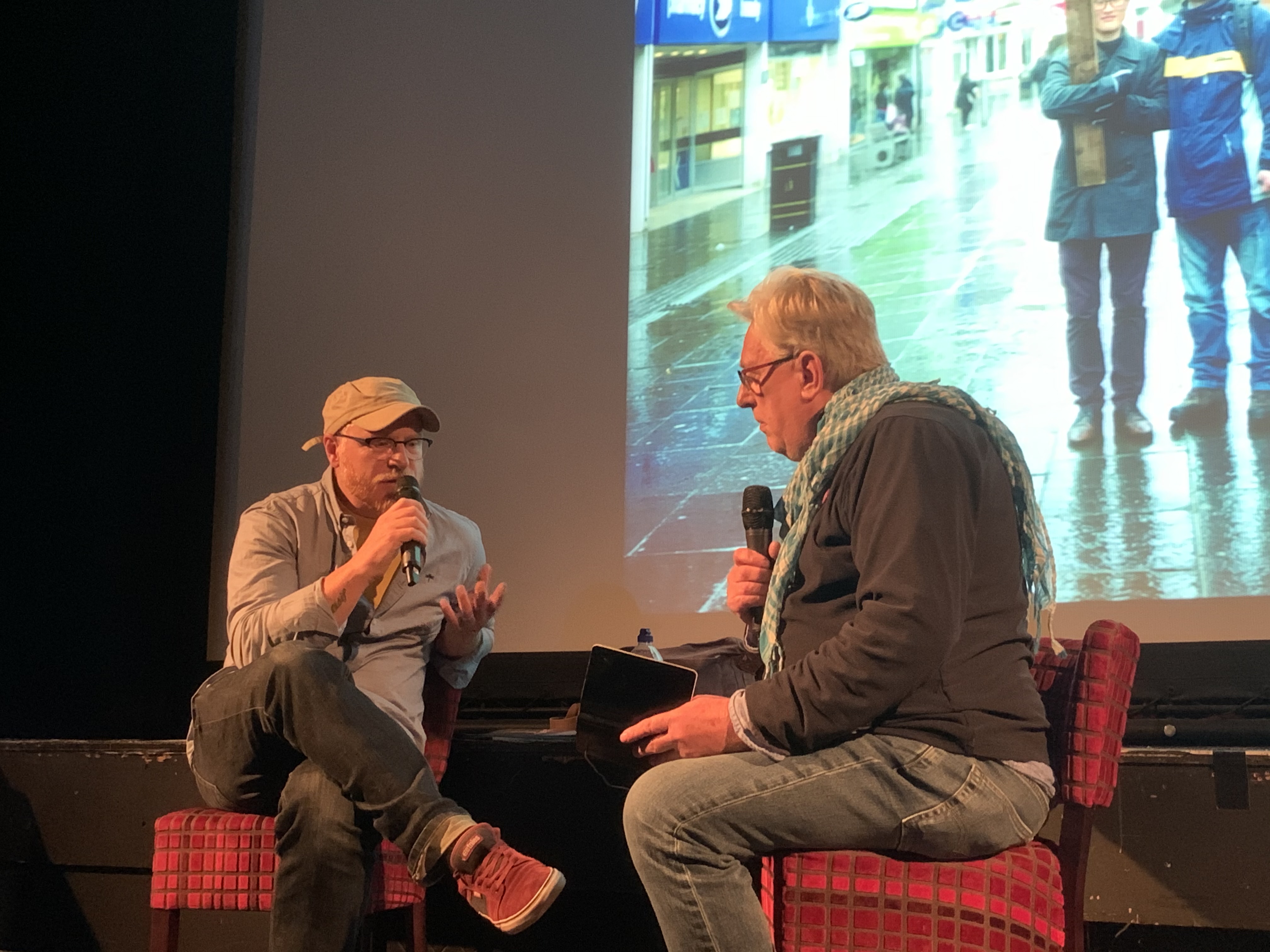 Dan Wood talking with fellow photographer and Ffoton co-founder Emyr Young at the Northern EYE Festival 2019